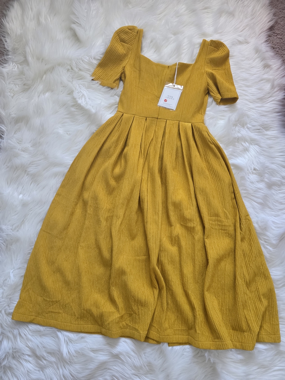 Mustard Yellow Midi Dress with Square Neck